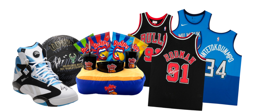 Imagem de tênis, bola de basquete, camisas e puffs. Todos personalizados e exclusivos, tanto da NBA quanto da Ruffles.